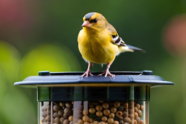 Un oiseau est assis sur une mangeoire à oiseaux avec un couvercle bleu.