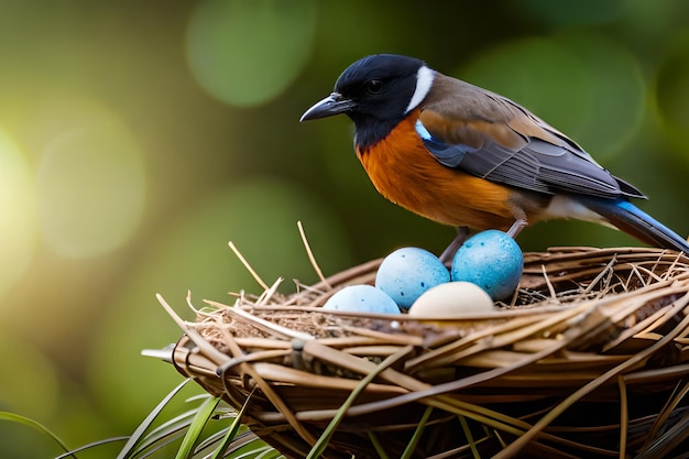 Un oiseau est assis sur un nid avec des œufs.