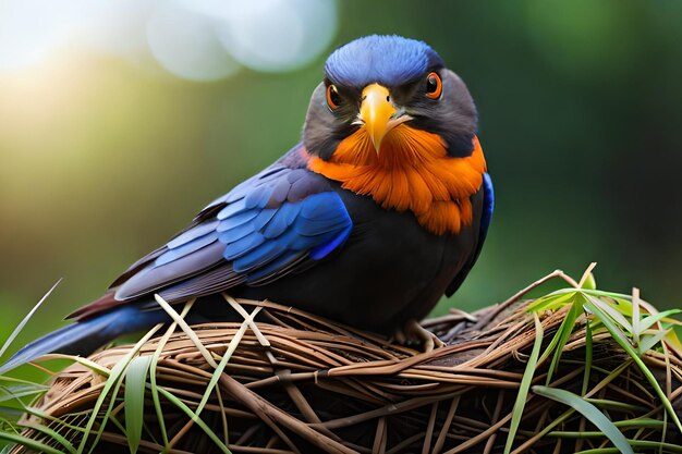 Un oiseau est assis sur un nid avec ses ailes bleues et orange.