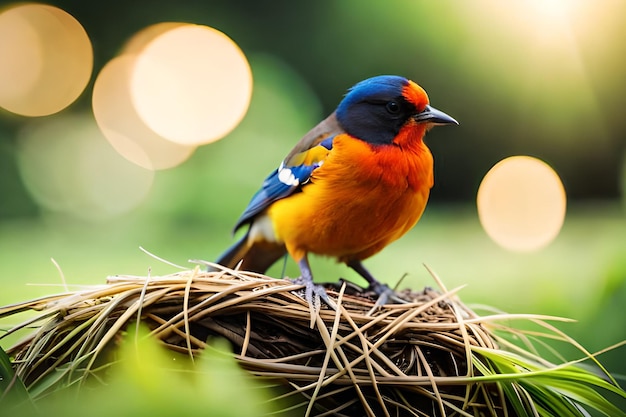 Un oiseau est assis sur un nid avec ses ailes déployées.