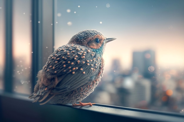 Un oiseau est assis sur un rebord de fenêtre devant un paysage urbain.