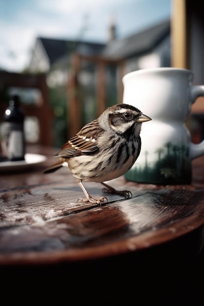 Un oiseau est debout sur une table avec une tasse blanche dessus.