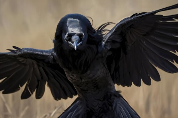 L'oiseau est un magnifique corbeau volant Corvus corax noir Corbeau