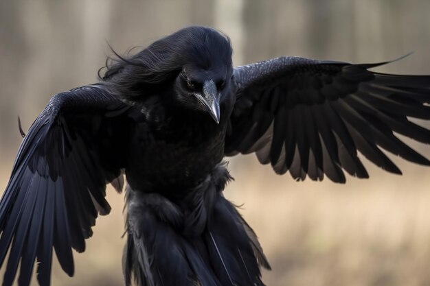 L'oiseau est un magnifique corbeau volant Corvus corax noir Corbeau