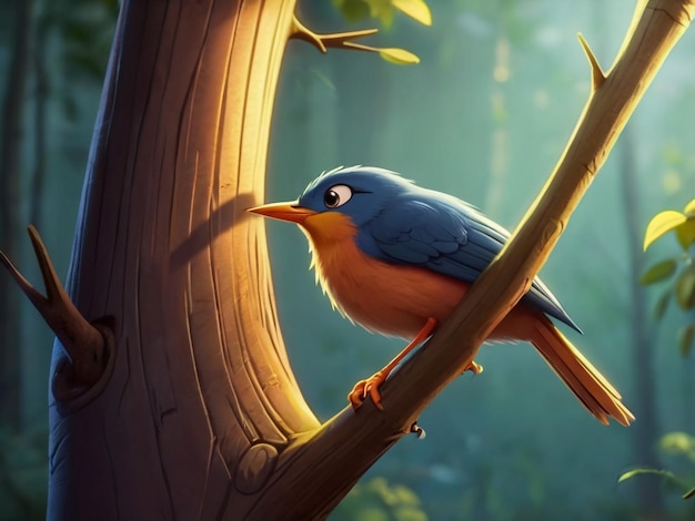 un oiseau est perché sur une branche avec le soleil brillant à travers les arbres