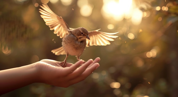 un oiseau est perché, la tête dans la main de quelqu'un