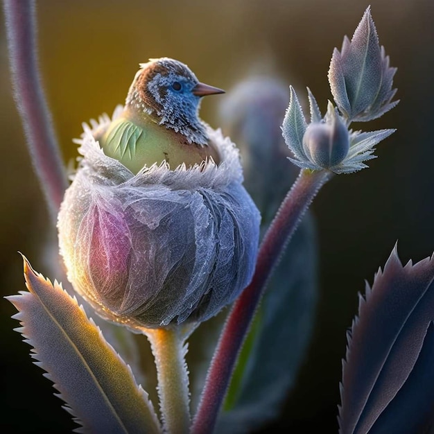 Un oiseau est posé sur une fleur à tête bleue.