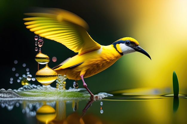 L'oiseau exotique jaune vole le paysage forestier fond bleu gouttes d'eau