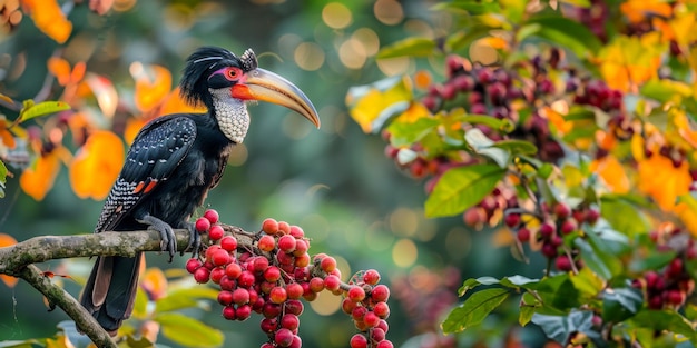 Un oiseau exotique perché sur une branche fruitière de la forêt