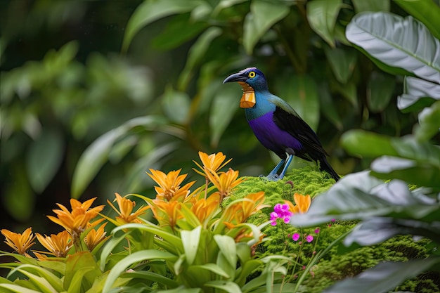 Oiseau exotique perché sur une fleur entourée d'une végétation luxuriante créée avec une IA générative