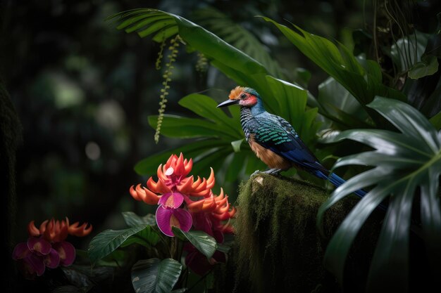 Photo oiseau exotique perché sur une orchidée en fleurs entourée d'un feuillage luxuriant créé avec une ia générative