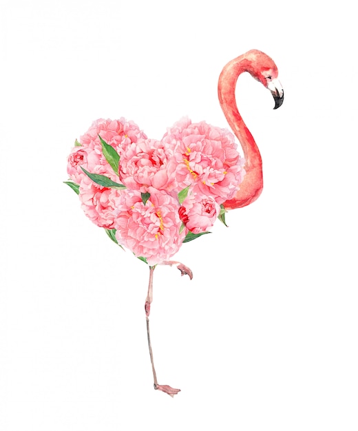 Photo oiseau flamant rose avec coeur floral et fleurs de pivoines.