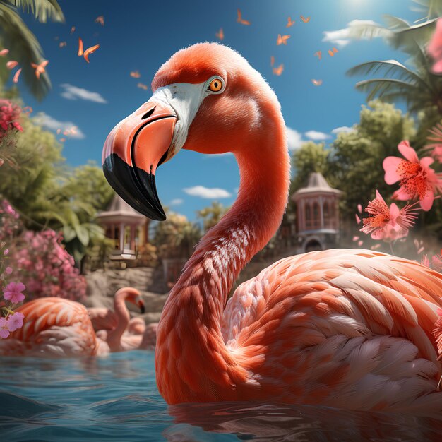 L'oiseau flamant rose en été