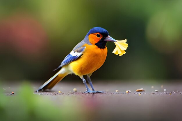 Un oiseau avec une fleur jaune dans son bec