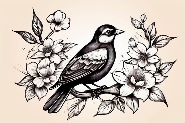 Oiseau avec des fleurs illustration dessinée à la main convertie en vecteur