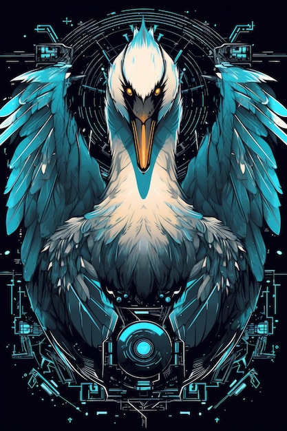 Un oiseau avec un fond bleu et noir et un fond noir avec un robot au milieu.