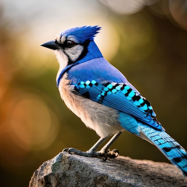 un oiseau geai bleu debout sur un rocher