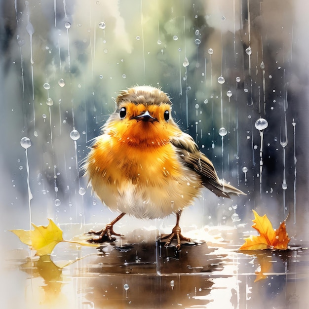 un oiseau avec des gouttes de pluie