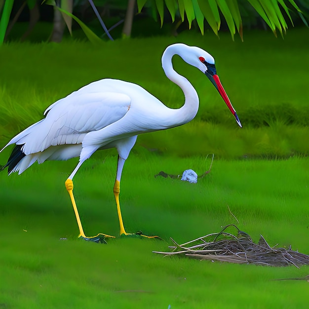 Un oiseau grue blanche est debout sur le sol en train de manger de la nourriture