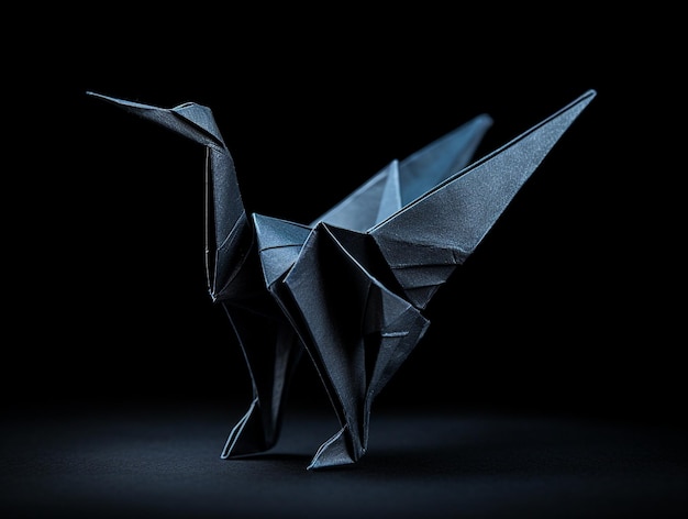 Oiseau grue en papier Origami sur fond noir AI_Generated