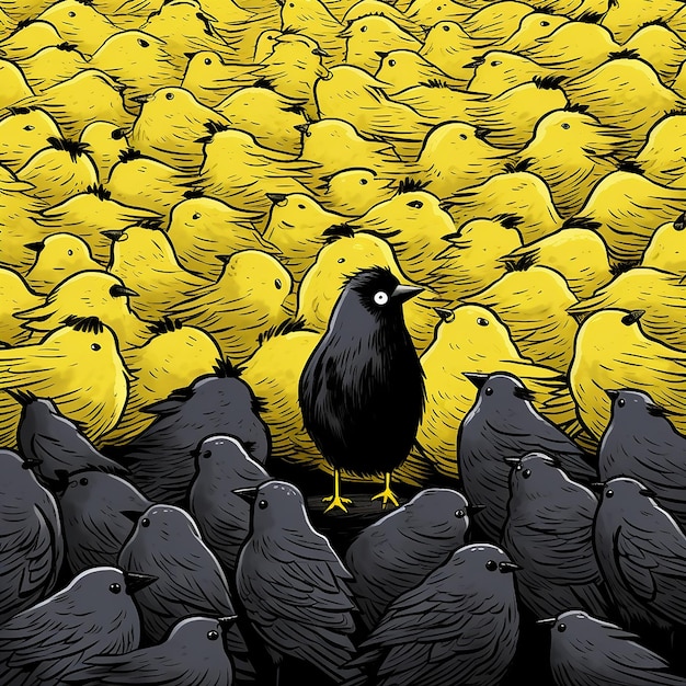 un oiseau jaune au milieu du troupeau noir