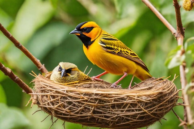 Photo un oiseau jaune avec un bébé oiseau dans son nid