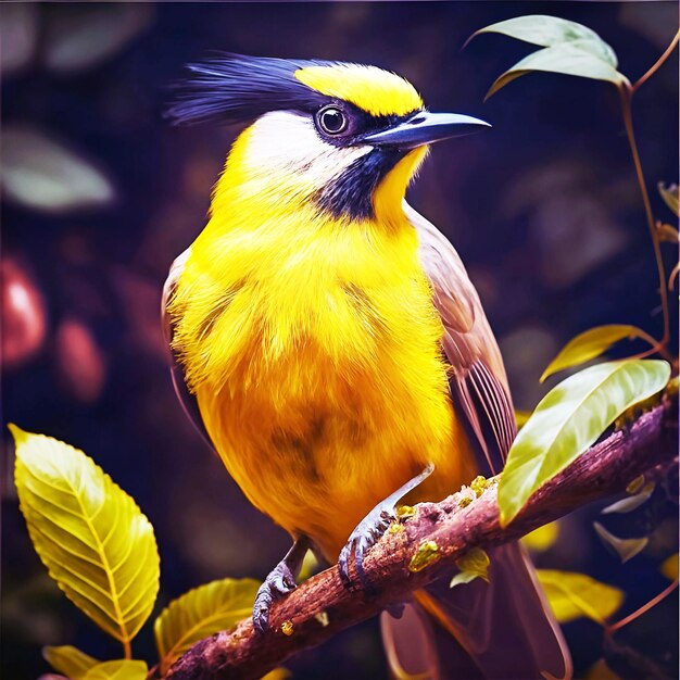 un oiseau jaune avec un bec bleu est assis sur une branche