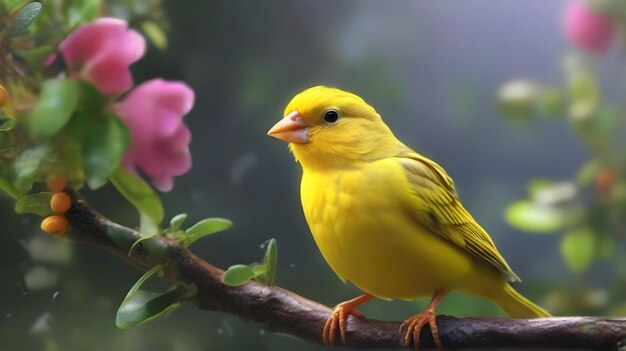 un oiseau jaune avec un bec jaune est assis sur une branche