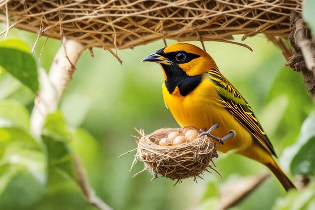 un oiseau jaune avec un bec noir est assis dans un nid avec des œufs