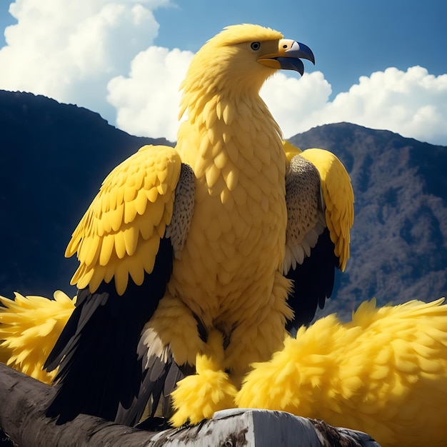 Un oiseau jaune avec un bec noir qui dit "le mot" dessus.