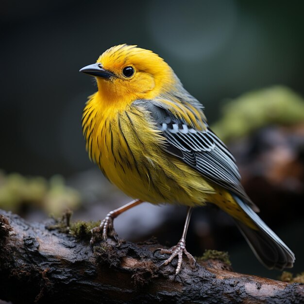 un oiseau jaune avec un bec noir et des yeux jaunes