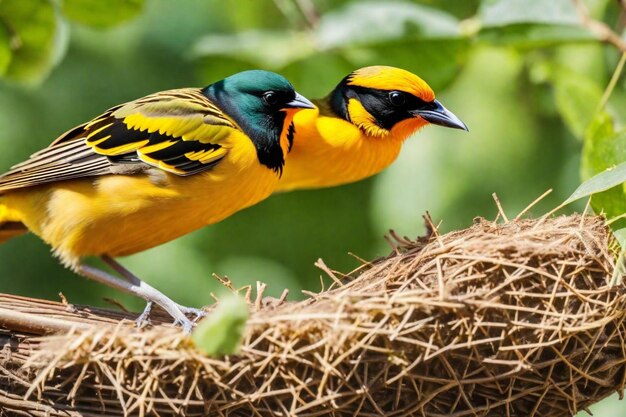 Photo un oiseau jaune et bleu est assis sur un nid