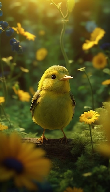 Un oiseau jaune est assis sur une branche dans un champ de fleurs.