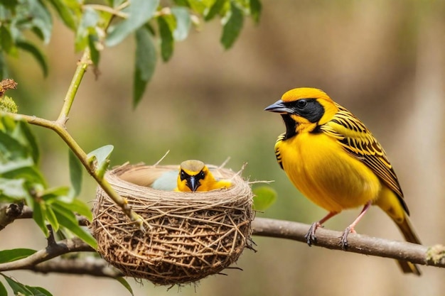 Photo un oiseau jaune et noir avec un bébé oiseau dans son nid