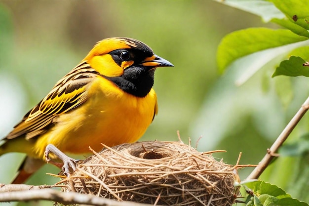 un oiseau jaune et noir avec un bec noir et un bec noir qui dit " oiseau "