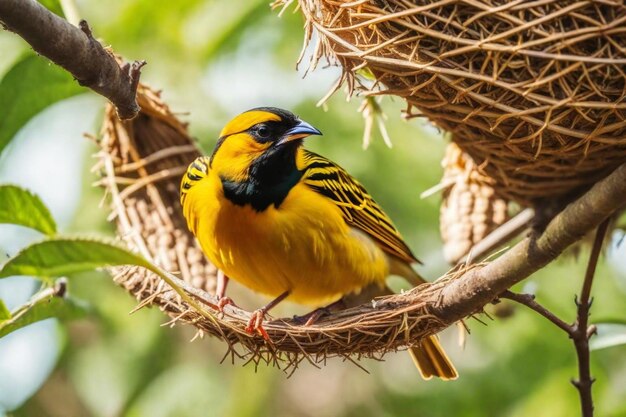 Photo un oiseau jaune et noir est assis sur une branche avec un fond vert