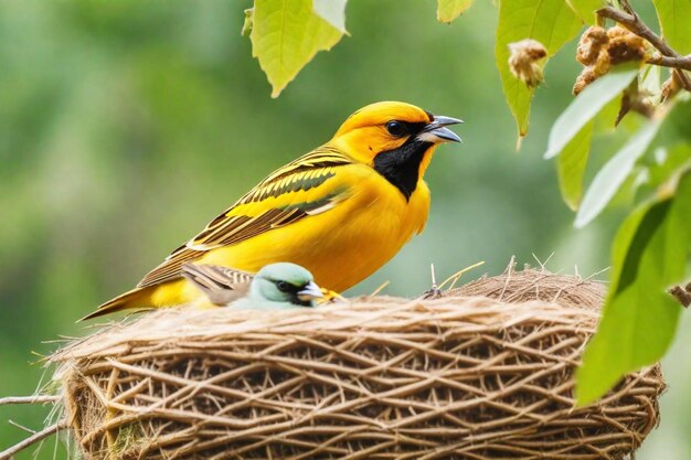 un oiseau jaune et noir est assis dans un nid avec un bébé oiseau sur le dessus