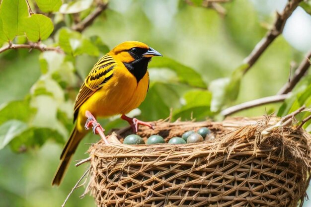 Photo un oiseau jaune et noir est assis dans un nid avec des œufs