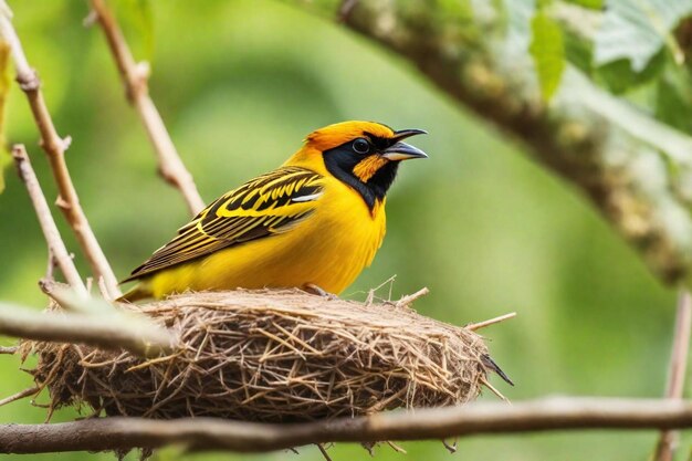 un oiseau jaune et noir est assis dans un nid