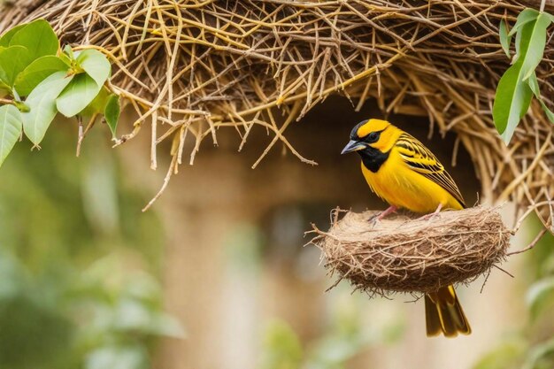 Photo un oiseau jaune et noir est assis sur un nid avec de la paille