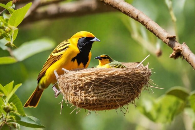 Photo un oiseau jaune et noir est assis sur un nid avec ses oiseaux bébés
