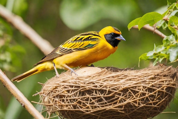 un oiseau jaune et noir est assis sur un nid