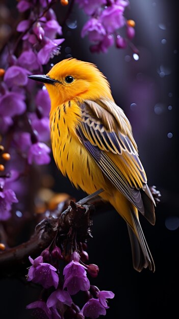 Oiseau jaune perché sur une branche d'un arbre avec des fleurs violettes générative ai