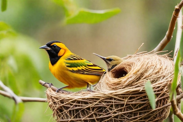 Photo un oiseau jaune et vert est assis dans un nid avec un bébé oiseau