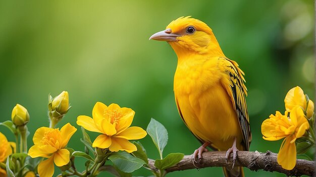 Un oiseau jaune vif est assis sur une branche avec des fleurs jaunes