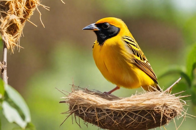 un oiseau jaune avec des yeux noirs et un bec noir est assis sur un nid