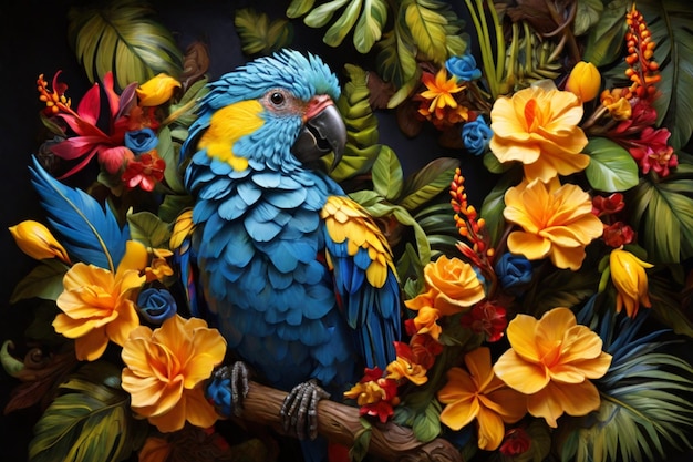 Un oiseau de la jungle tropicale aux plumes bleues et jaunes vibrantes qui se mélangent aux fleurs colorées