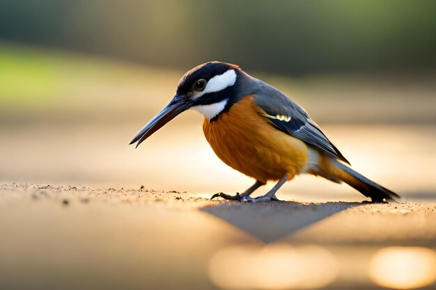 Un oiseau avec un long bec est assis sur une surface en béton.