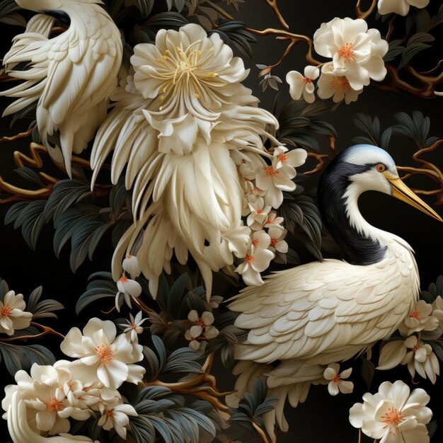 un oiseau avec un long bec est entouré de fleurs