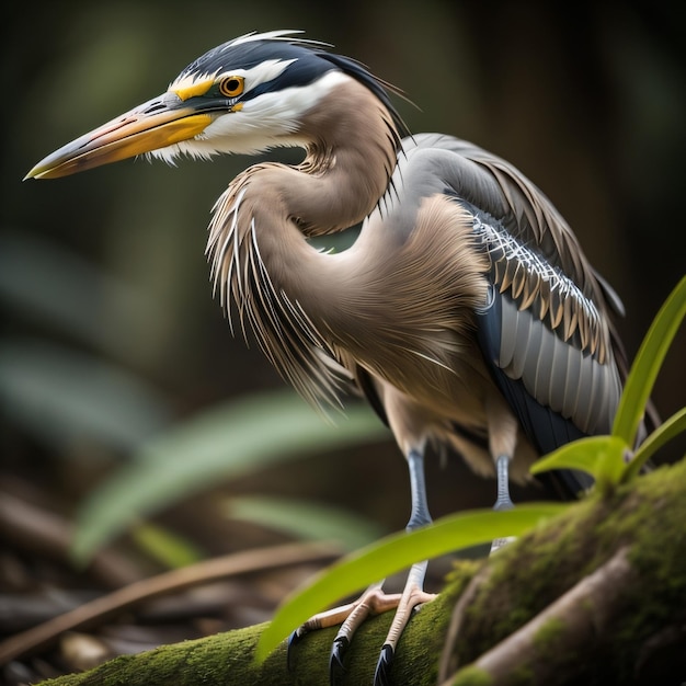 Un oiseau avec un long bec se tient sur une branche